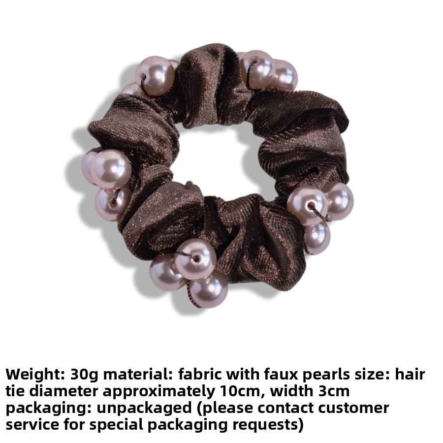 Women's Elegant Velvet Pearl Bow Hair Tie Dark Coffee Grey Black