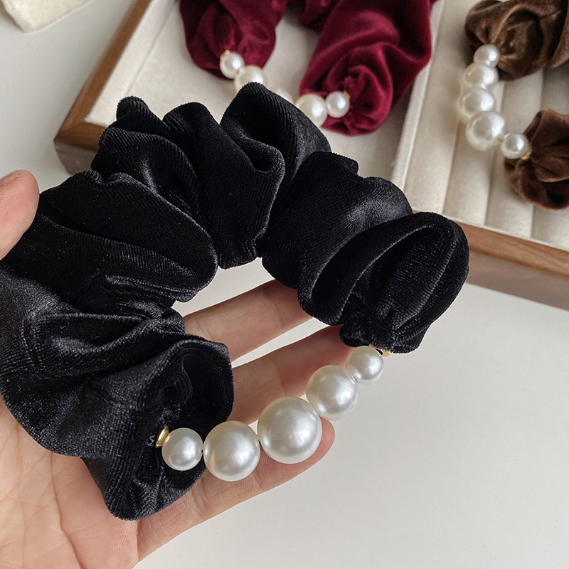 Women Pearl Velvet Winter Scrunchie Elastic Hair Tie Solid Black Red