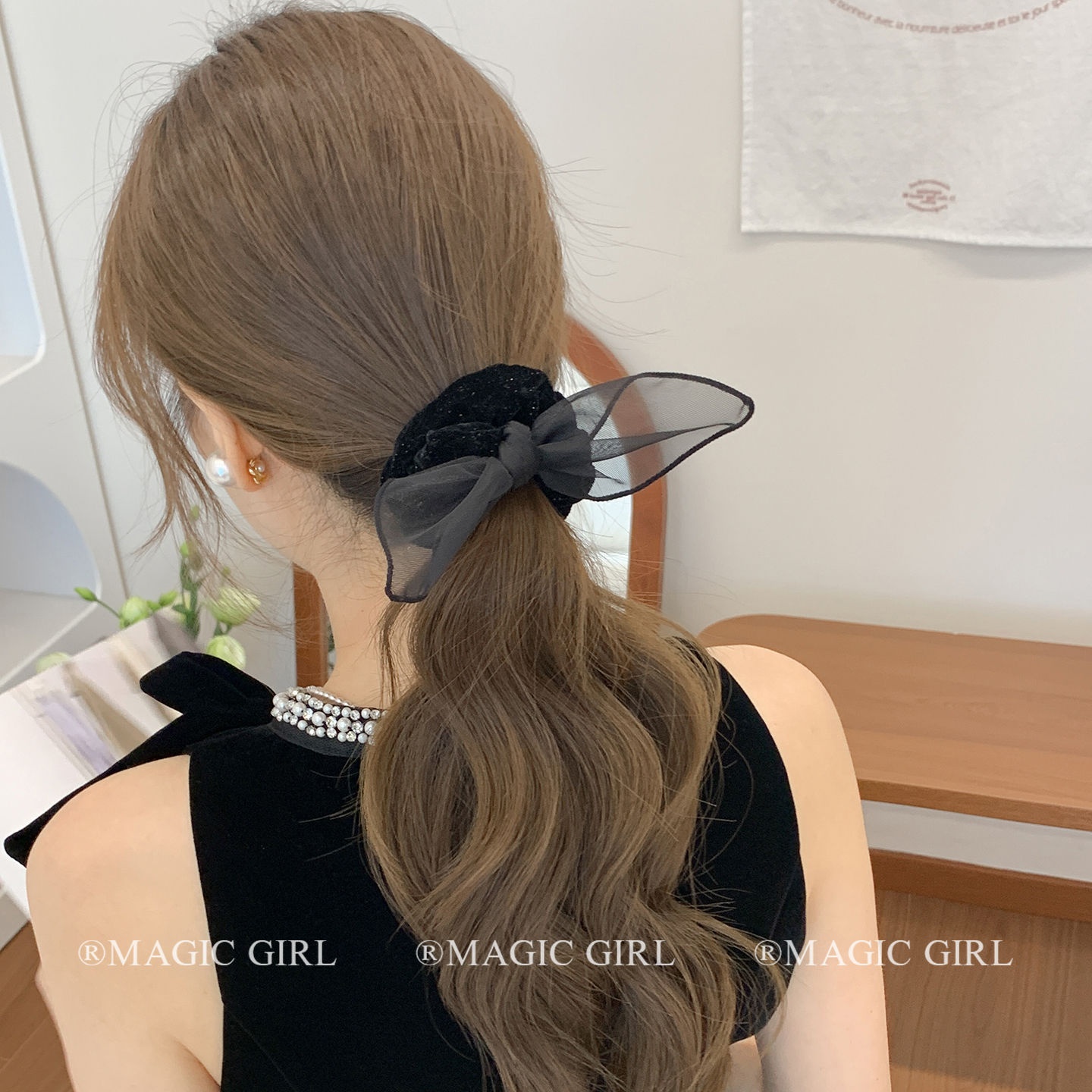 Women's Velvet Rabbit Ear Ponytail Holder Hairband Black Bowknot
