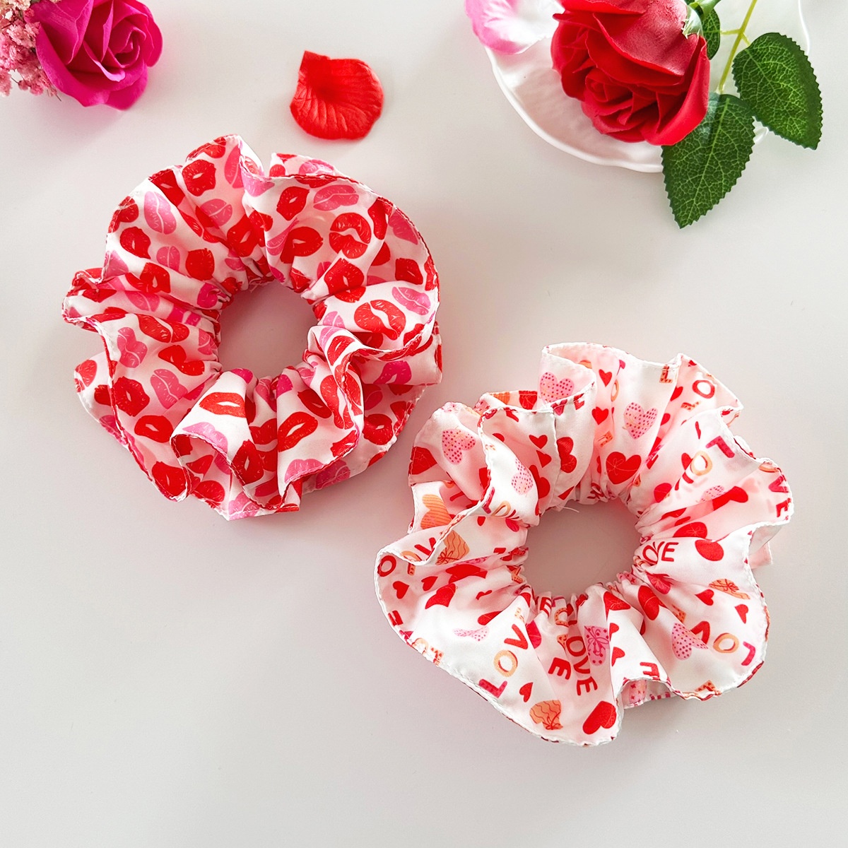 Women's Double Layer Cloth Hair Scrunchie Valentine Heart Lip Pattern