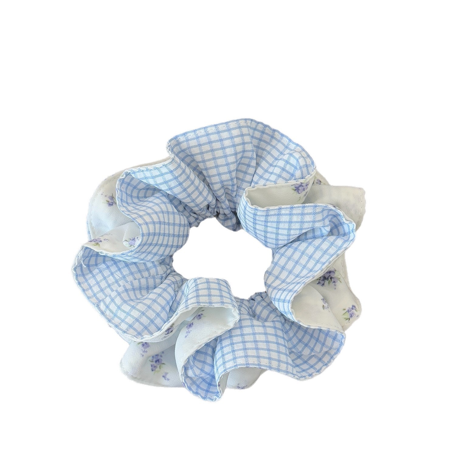 Women Spring Preppy Lace Fabric Hair Tie Scrunchie Blue Yellow Plaid