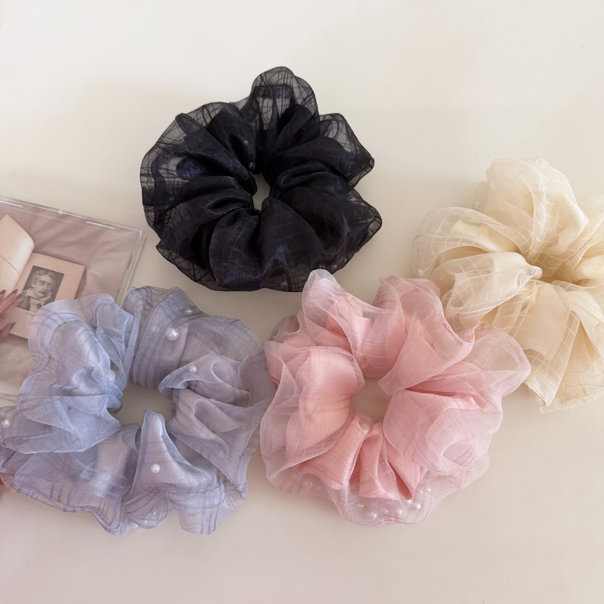 Women's Sweet Apricot Plaid Gauze Hair Tie Scrunchie with Pearls