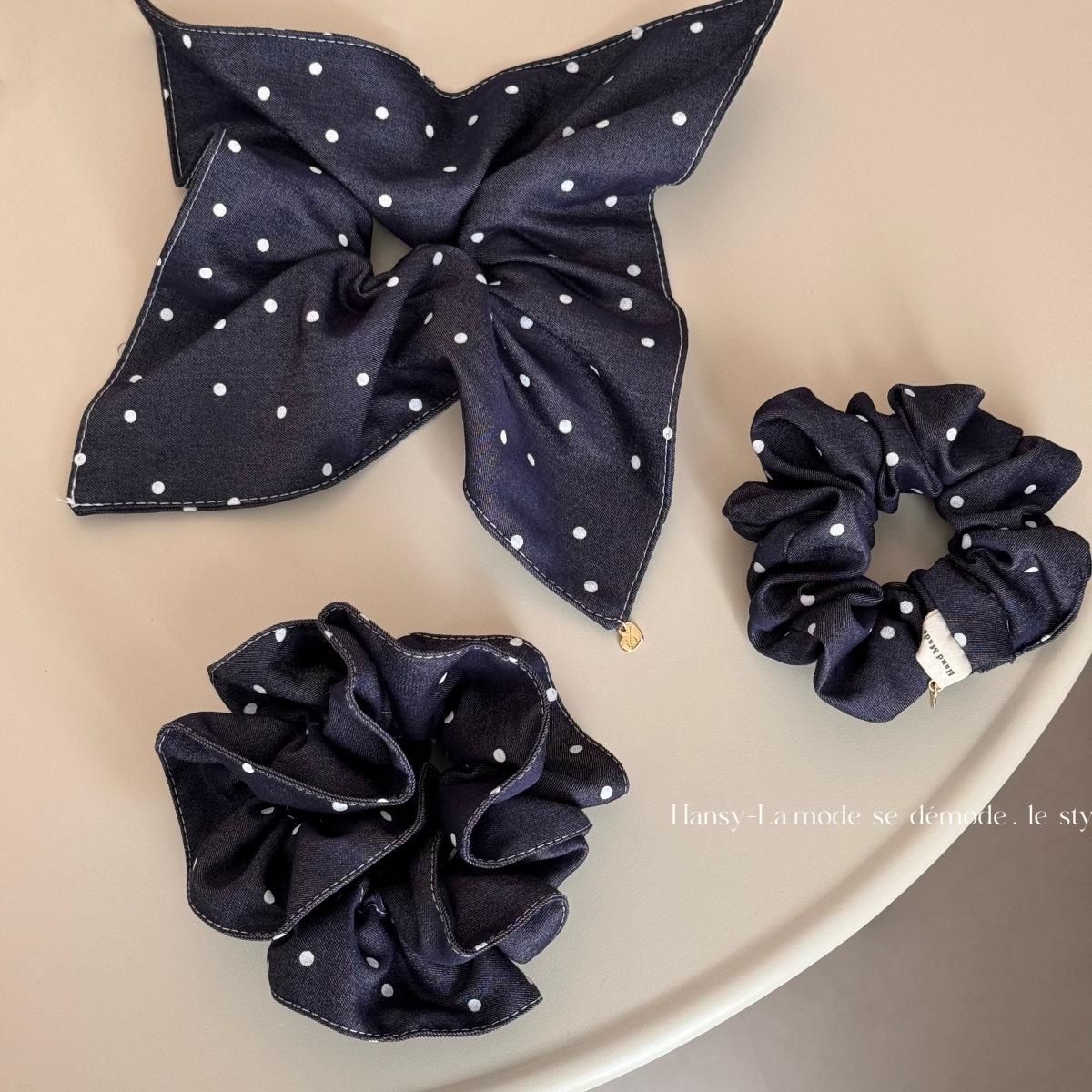 Women's Elegant Denim Cloth Scarf Hair Tie Dark Blue Polka Dot