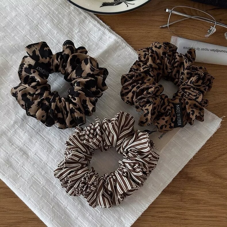 Women's Vintage Fabric Hair Tie Scrunchie Bun Maker Leopard Print