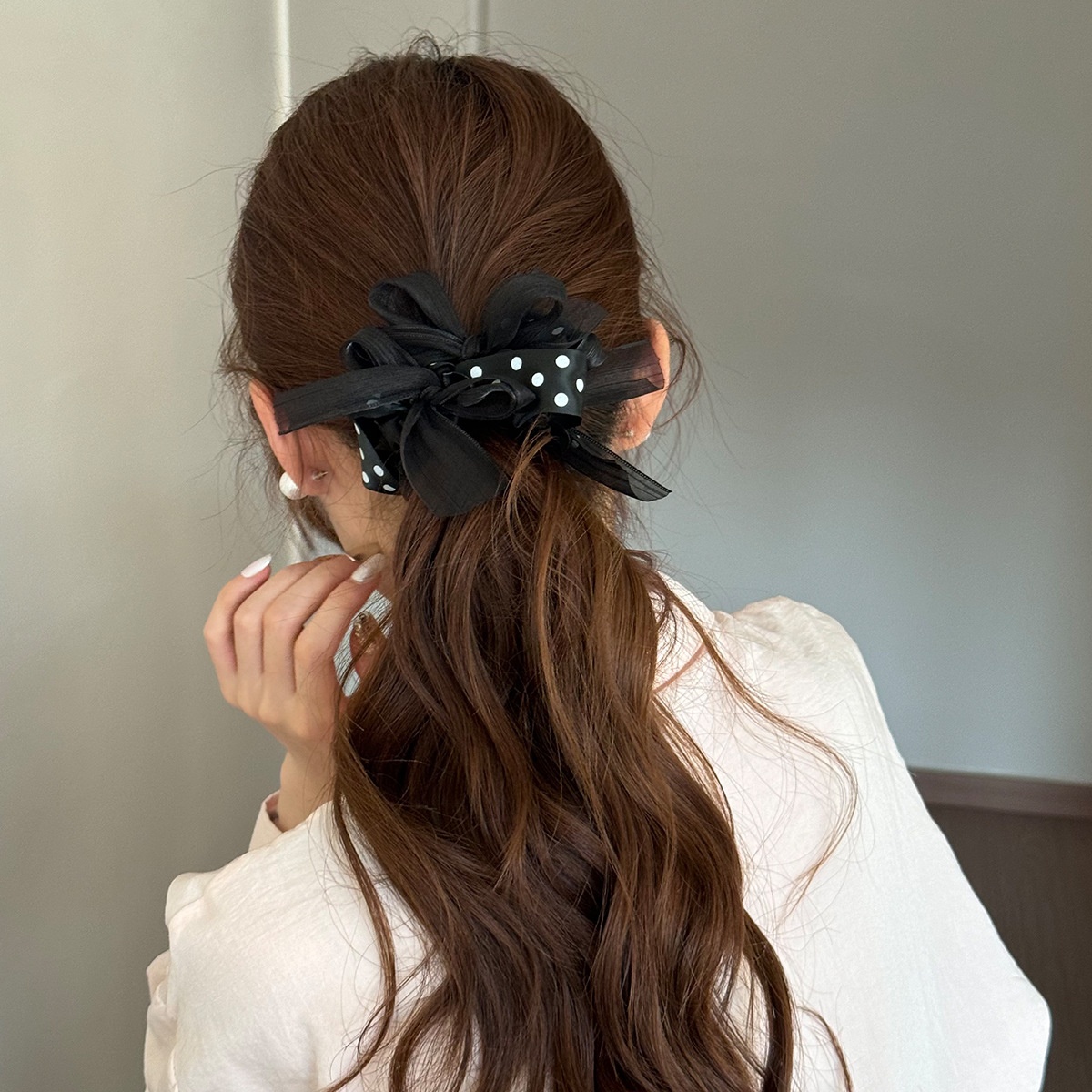 Women's Spring Polyester Bow Knot Hair Tie Accessory, Black Polka Dots