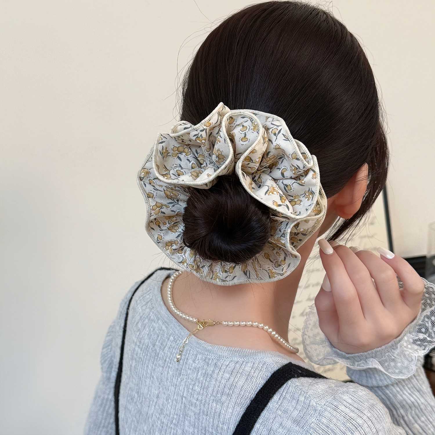 Women's Soft Cloth Everyday Hair Tie Coffee Beige Ditsy Floral Pattern