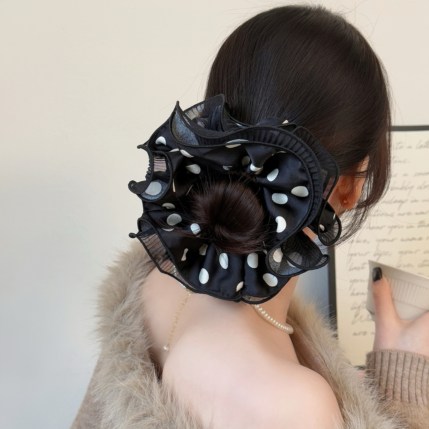 Women's All-Season Soft Gauze Scrunchie Hair Tie Black Polka Dots