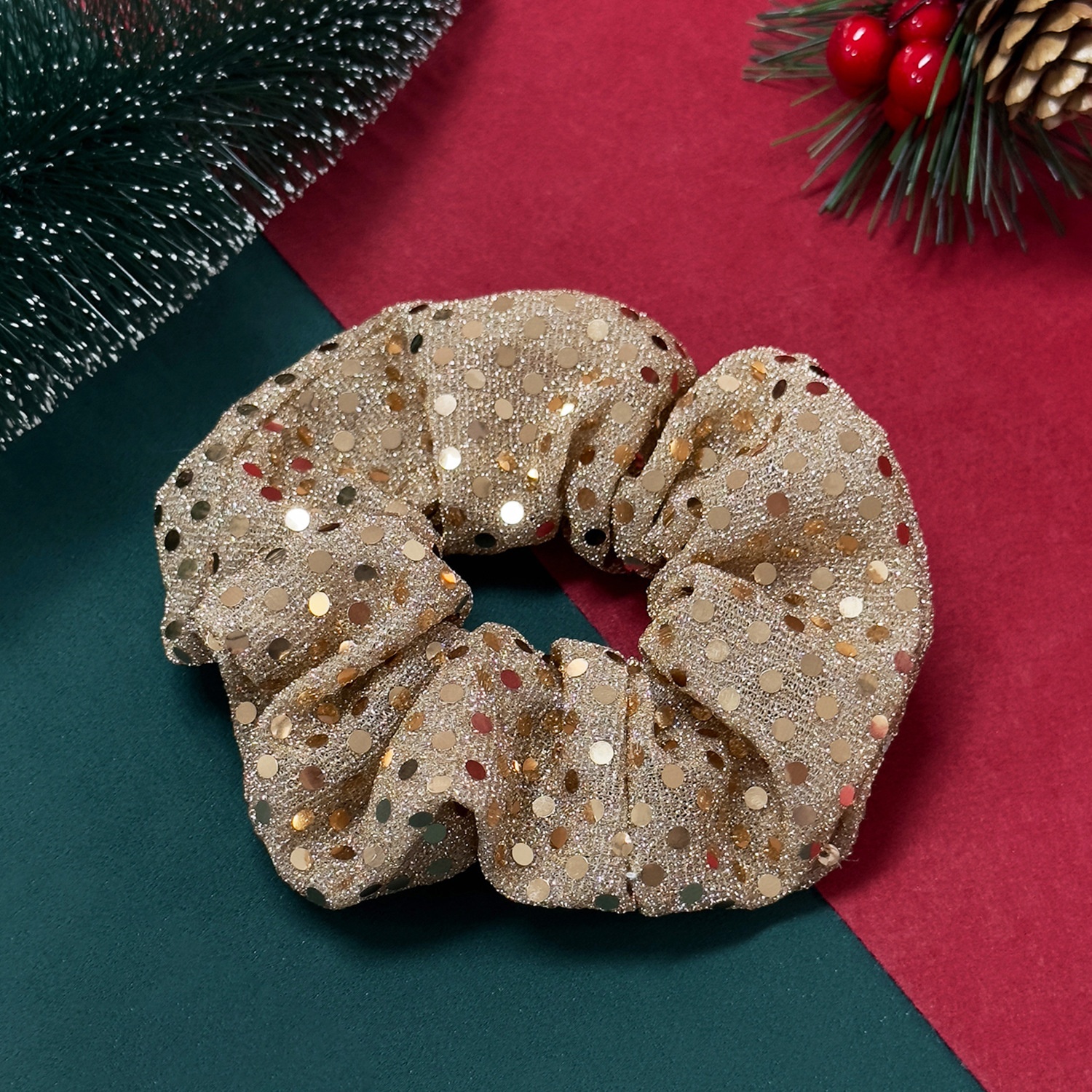 Women's Christmas Solid Mesh Scrunchie High Elasticity Tail Knot Fabric Hair Tie