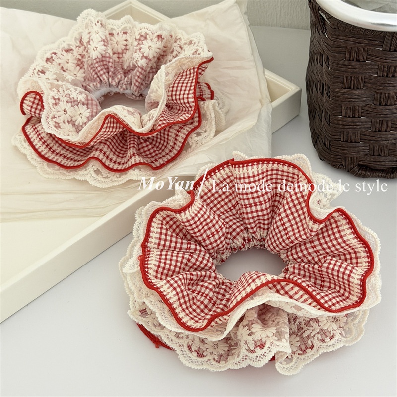 Women's Casual Cloth Hair Scrunchies Red White Plaid Patchwork