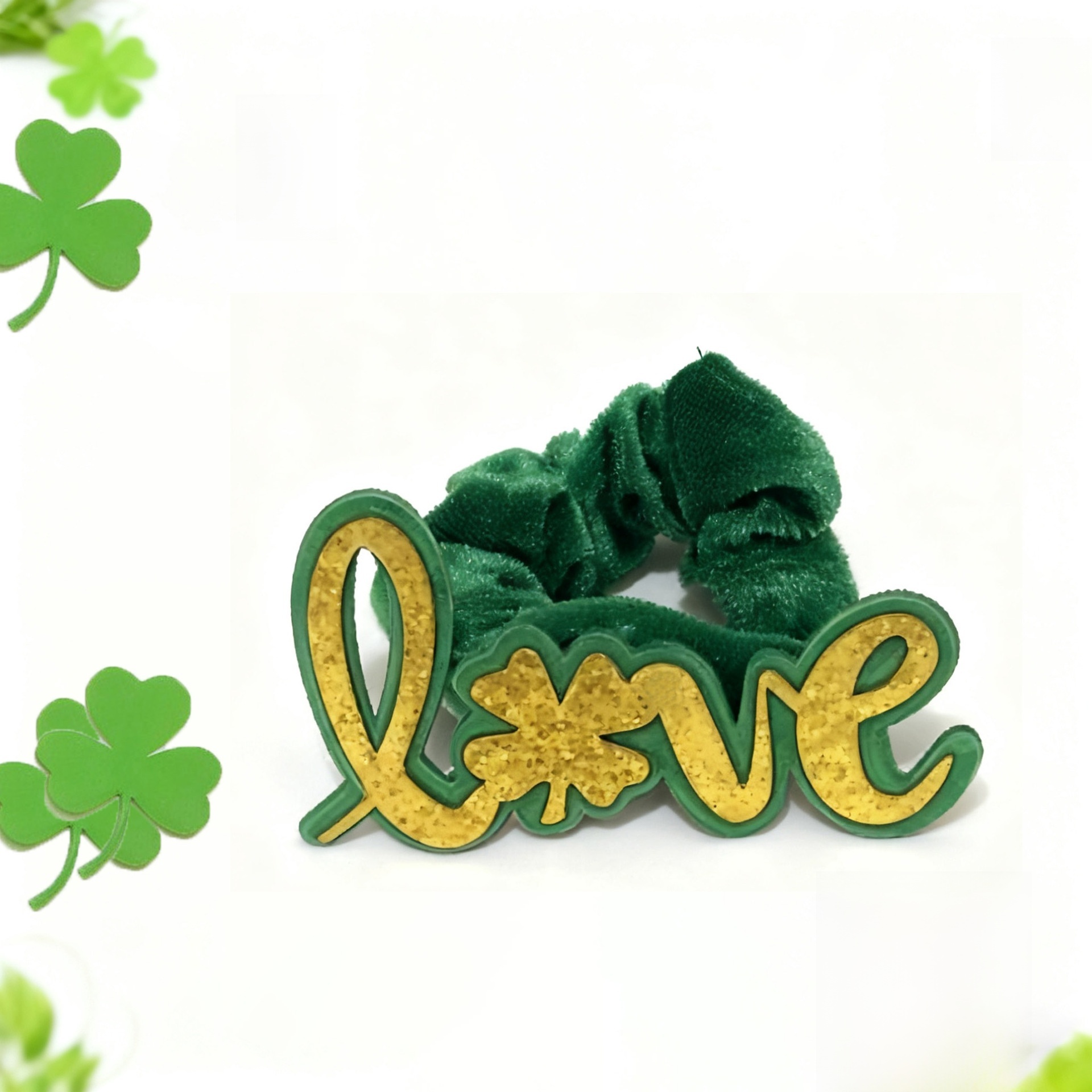 Women's St. Patrick's Day Velvet Hair Tie Green Clover Sequin Bow Knot