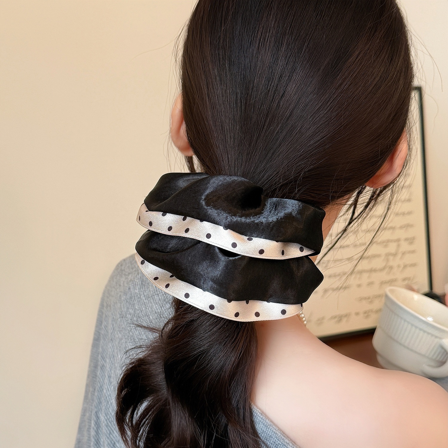 Women's Elegant Satin Lace Edge Hair Ties Scrunchies Polka Dot Pattern