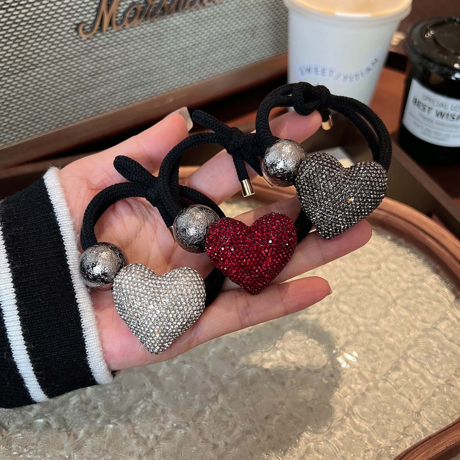 Women's Shiny Rhinestone Hair Tie Elegant Ponytail Holder Wine Red Heart