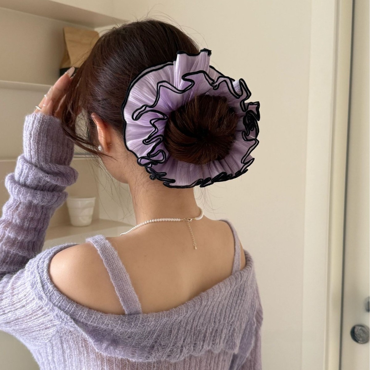 Women Soft Cloth Hair Tie Stylish Ponytail Holder Light Purple Beige