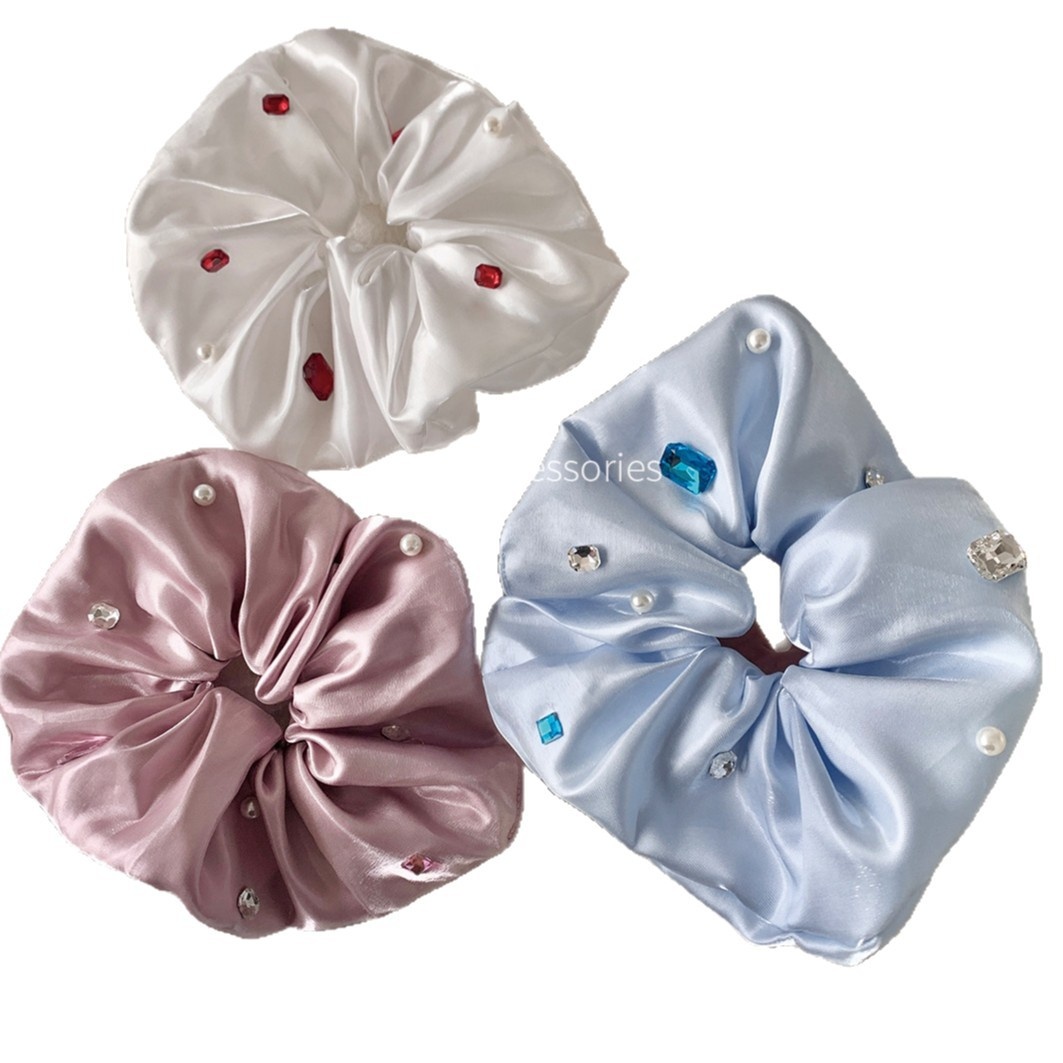Women's Elegant Styling Satin Rhinestone Hair Tie Sparkly White