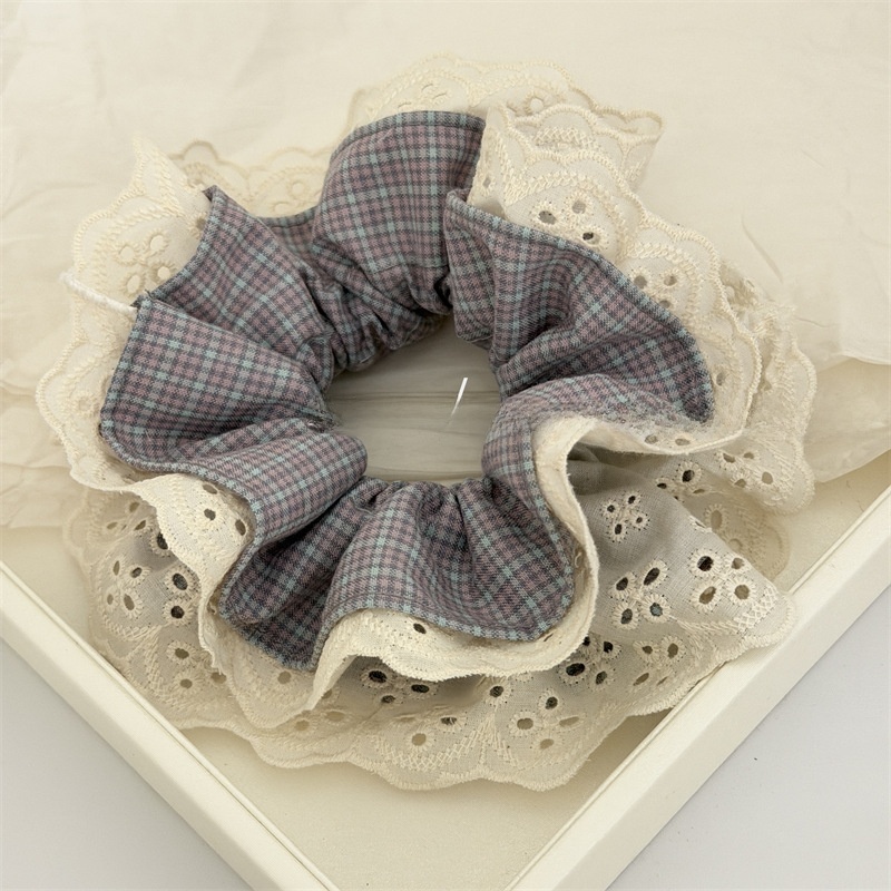 Women's Summer Cloth Hair Scrunchies Pink Plaid Lace Patchwork