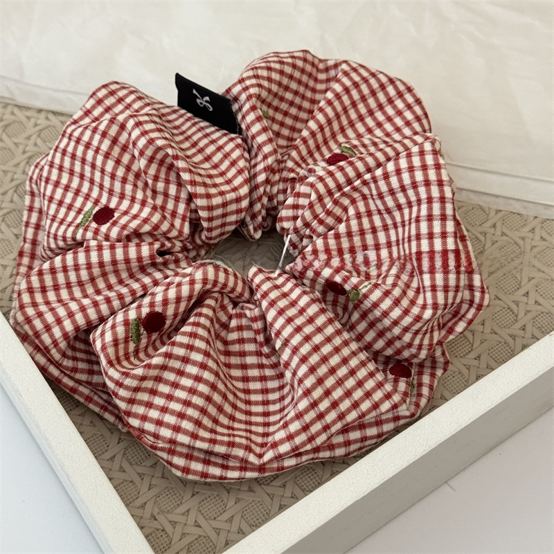 Women's Daily Cloth Scrunchies Hair Ties Red Black Cherry Checkered