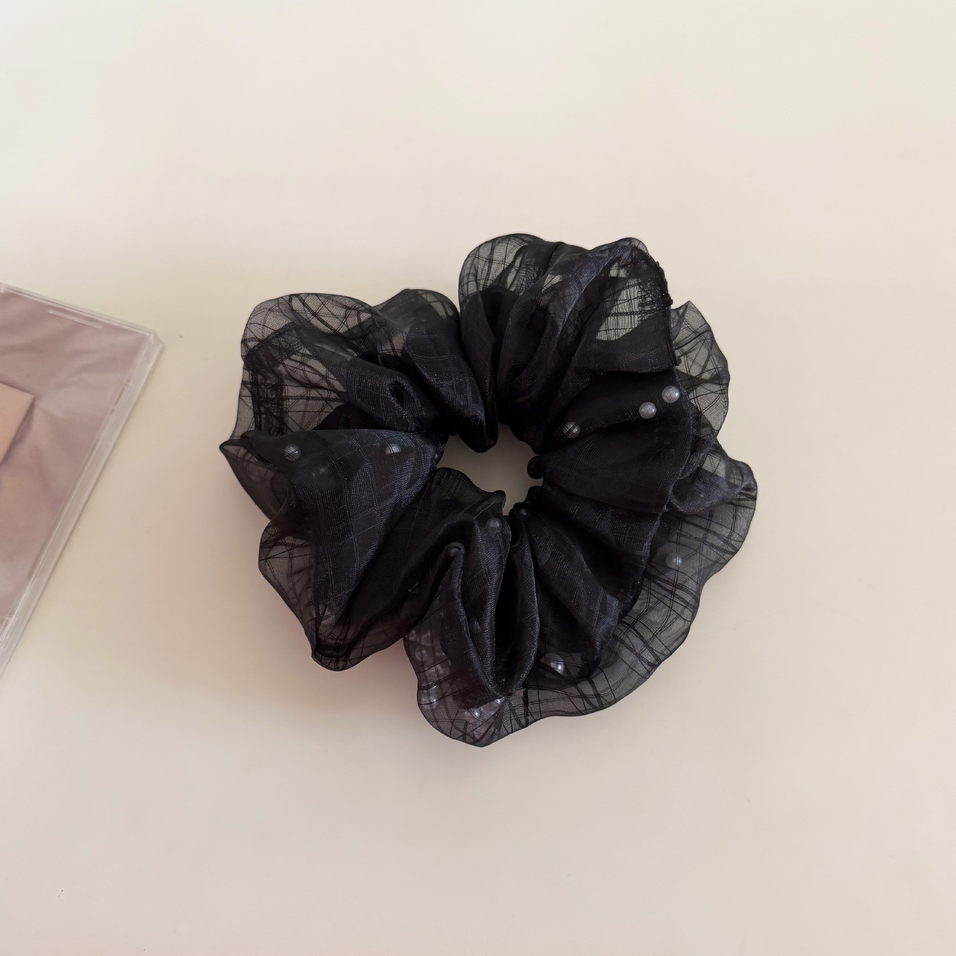 Women's Sweet Apricot Plaid Gauze Hair Tie Scrunchie with Pearls