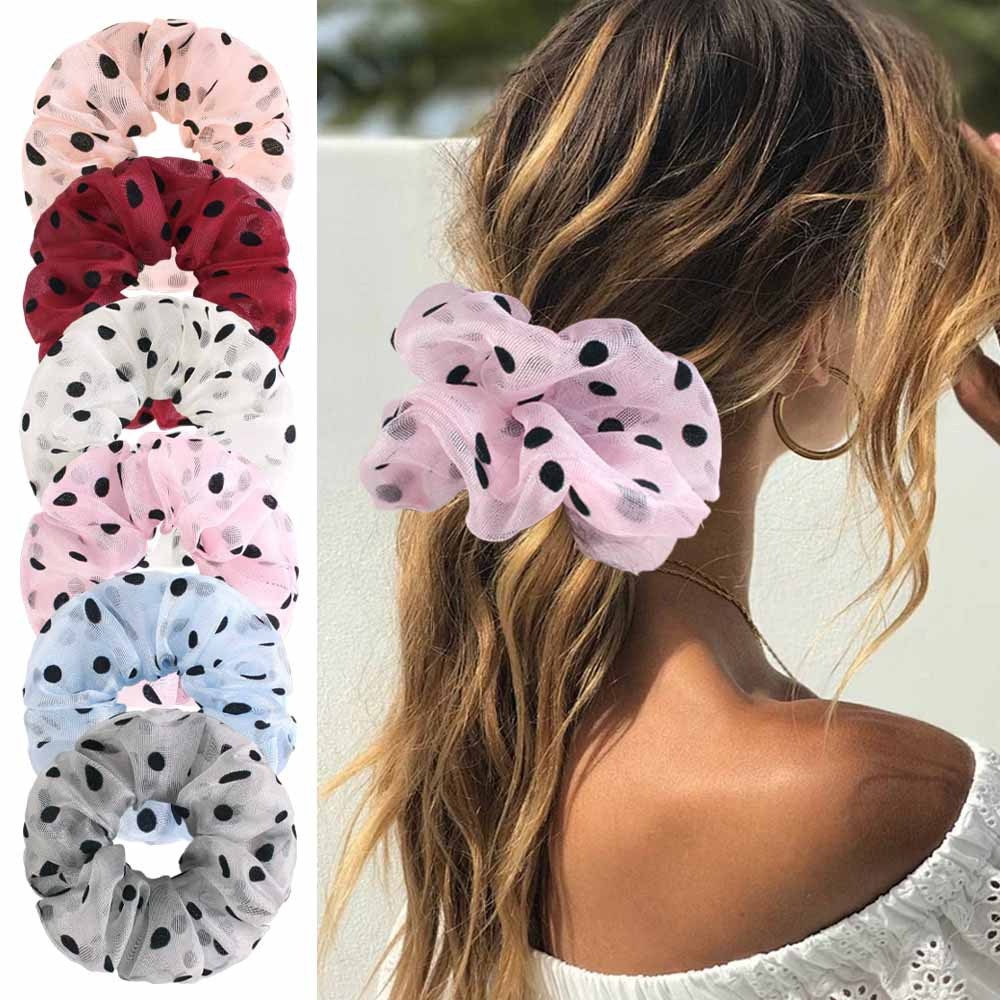 Women's Sweet Chiffon Donut Hair Tie For Summer Styling Pink Polka Dots