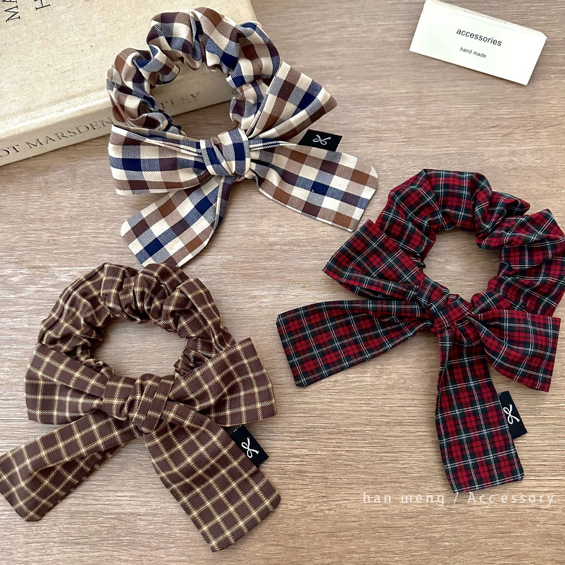Women's Cotton Bowknot Ponytail Holder Hair Ties Retro Green Camel Plaid