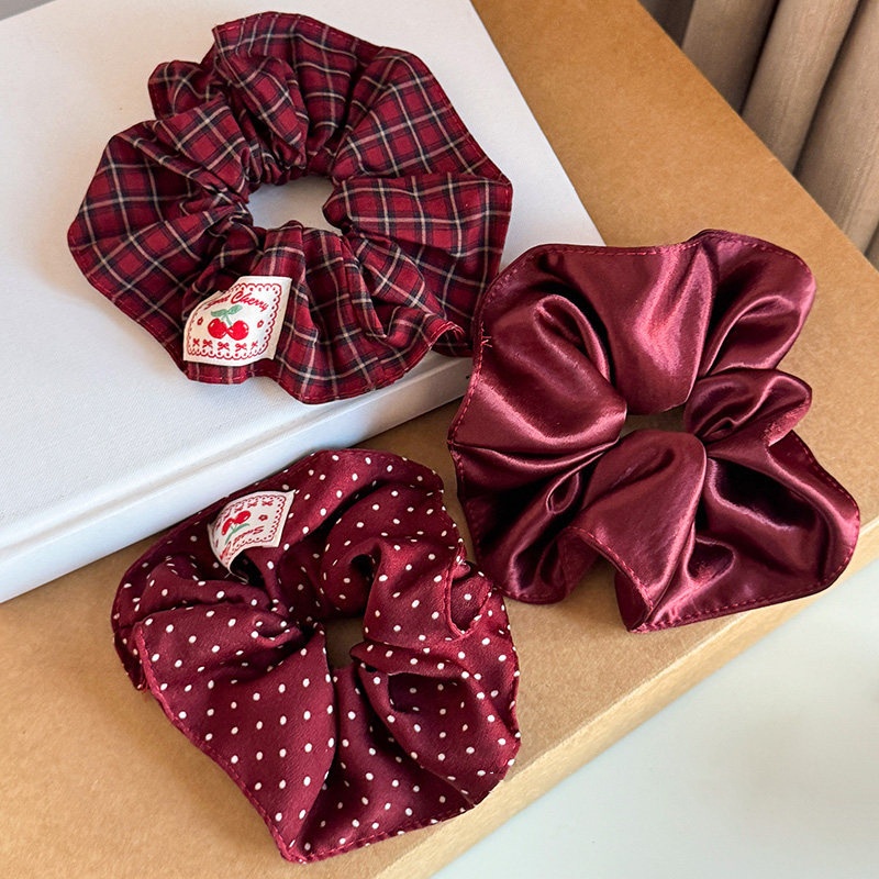 Women's High Elastic Cloth Bun Hair Scrunchie Red Plaid Polka Dot
