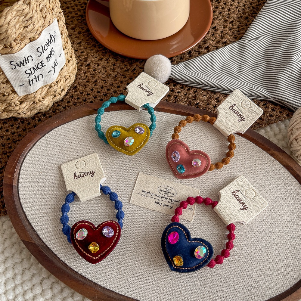 Girls High Elastic Velvet Bubble Hairband Rhinestone Heart Shape