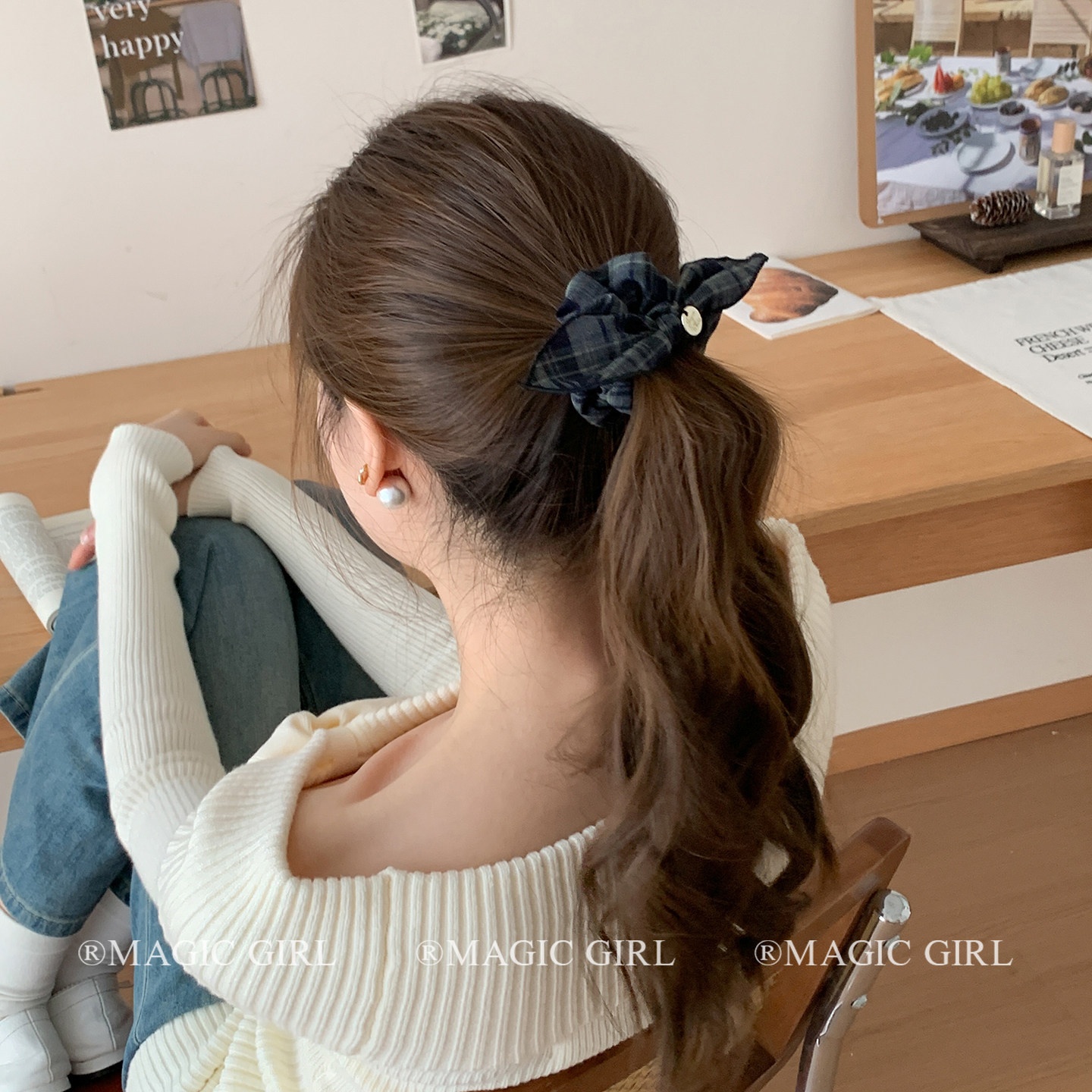 Women's Daily Cloth Bow Hair Tie Elastic Hairband Navy Blue Plaid