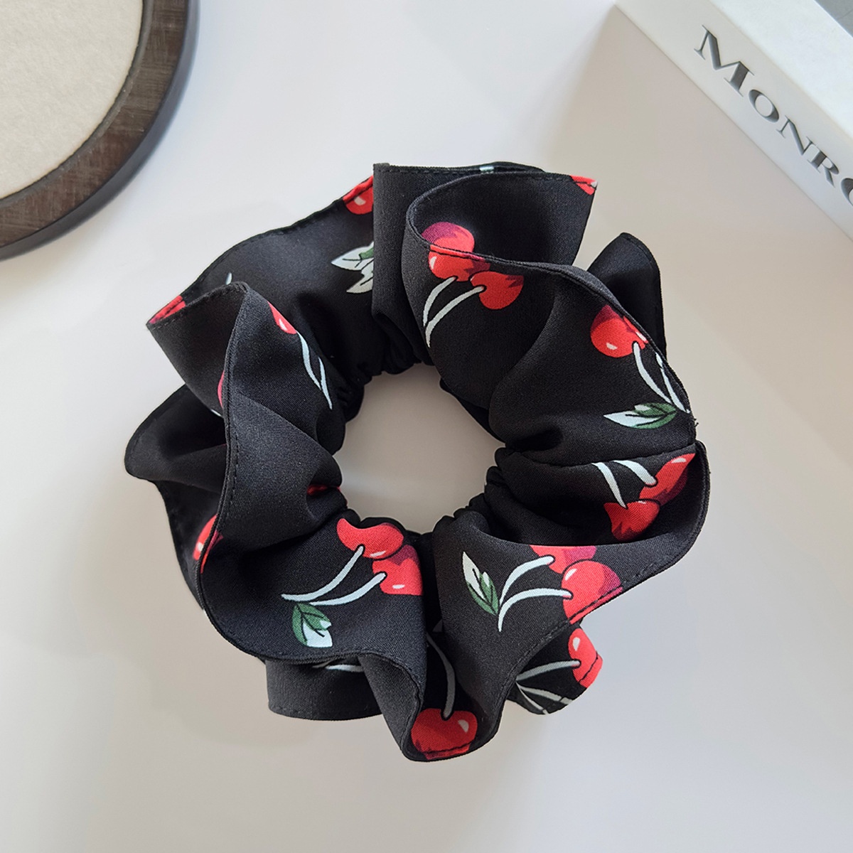Girls Double Layer Cloth Hair Bands Cherry Print Plaid Bun Styling Rope