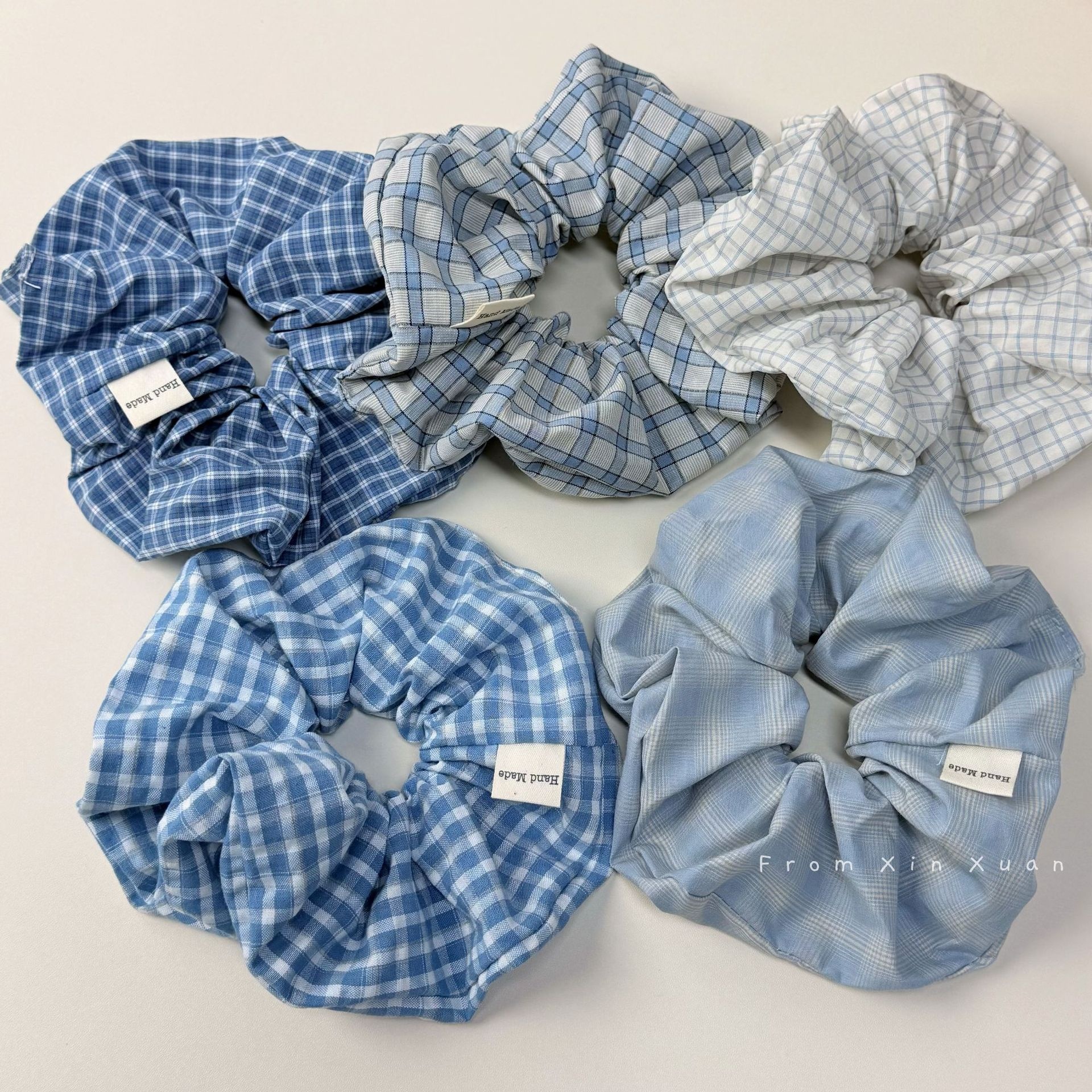 Women Sweet Cloth Hair Band Spring Daily Wear Blue Plaid Pattern