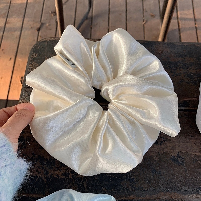 Women's Elegant Glossy Satin Hair Scrunchies Cream Solid Color
