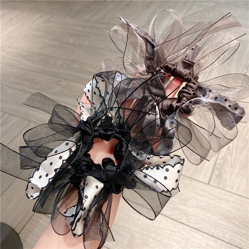 Women's Voluminous Gauze Lazy Hair Scrunchie Polka Dot Bow Knot