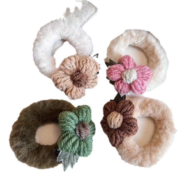 Women's Sweet Plush Flower Hair Tie Autumn Winter Accessory Beige