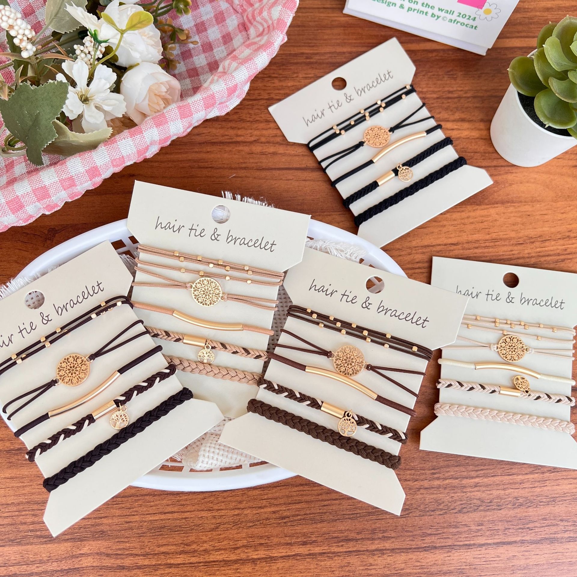 Women's 5Pcs Brown Metal Tree of Life Elastic Hair Tie Bracelet Set