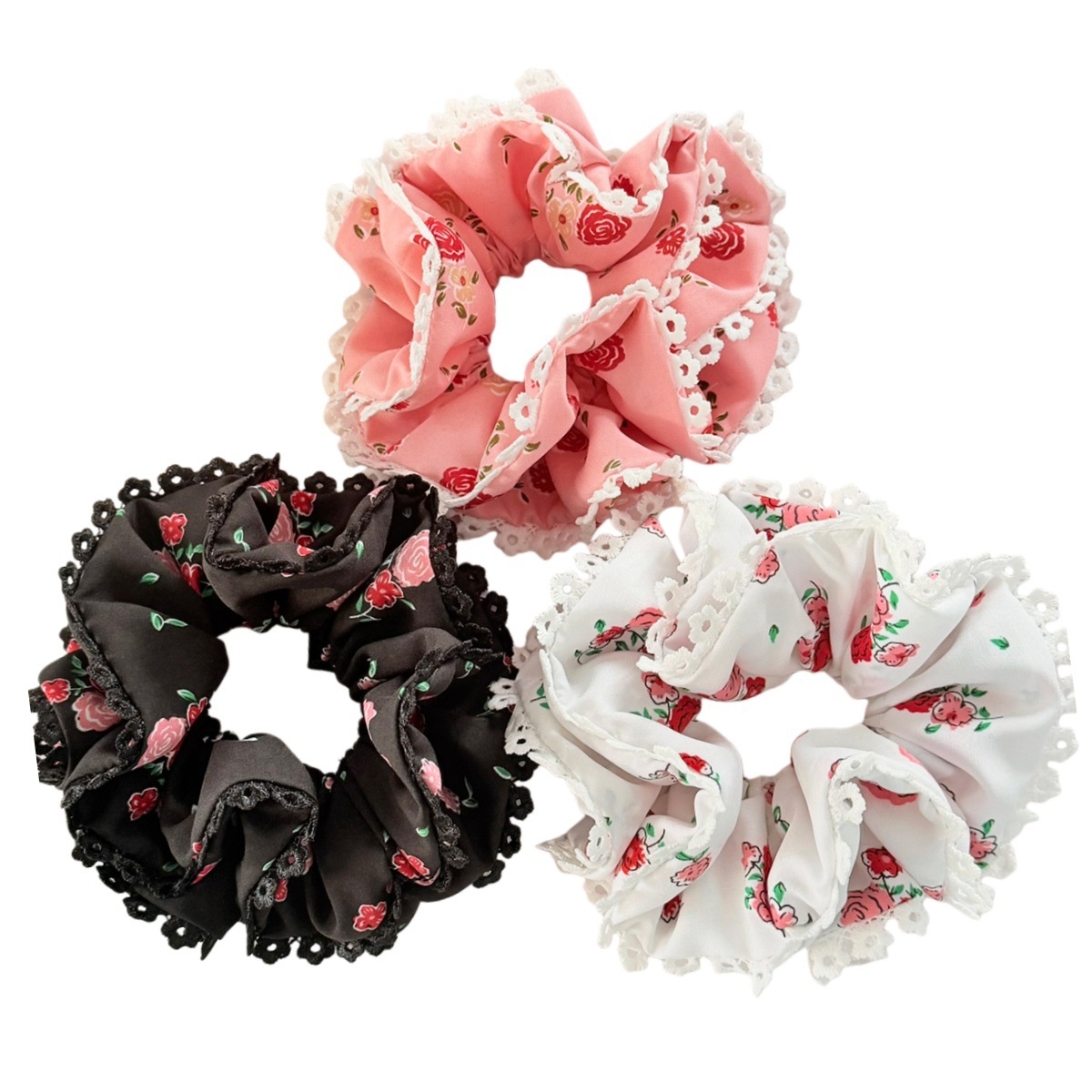 Women's Valentine Double Layer Lace Hair Scrunchie Rose Flower