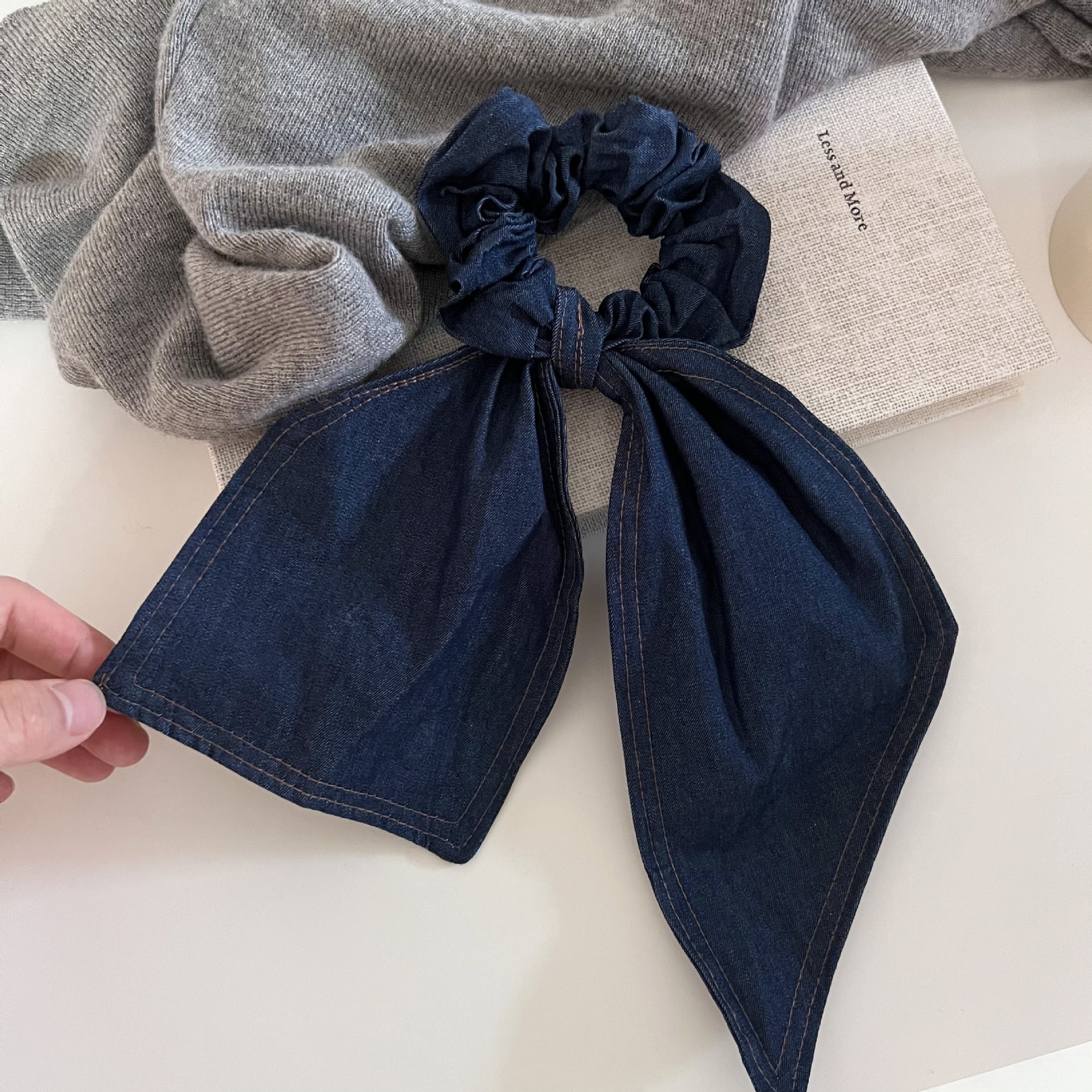Women Lazy Styling Large Denim Ribbon Bow Hairband Accessory Blue