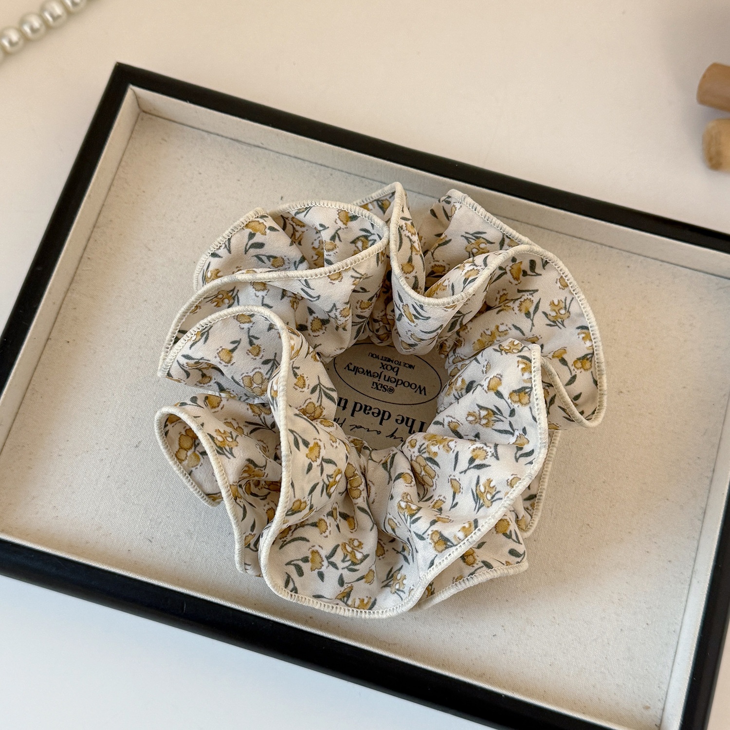 Women's Soft Cloth Everyday Hair Tie Coffee Beige Ditsy Floral Pattern