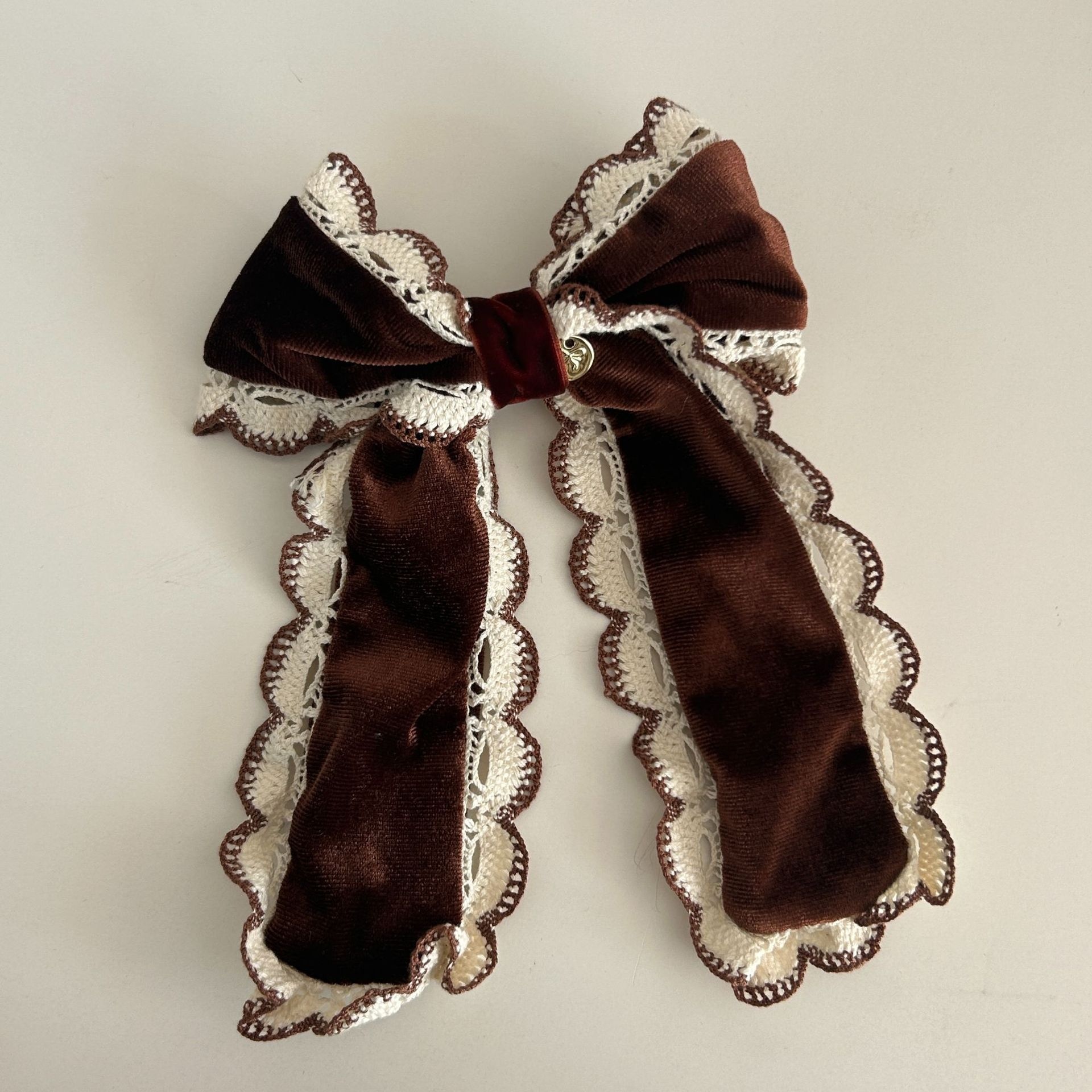 Women's French Vintage Velvet Lace Bowknot Elastic Hairband Coffee Black