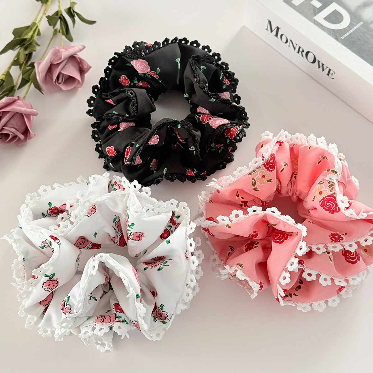 Women's Valentine Double Layer Lace Hair Scrunchie Rose Flower