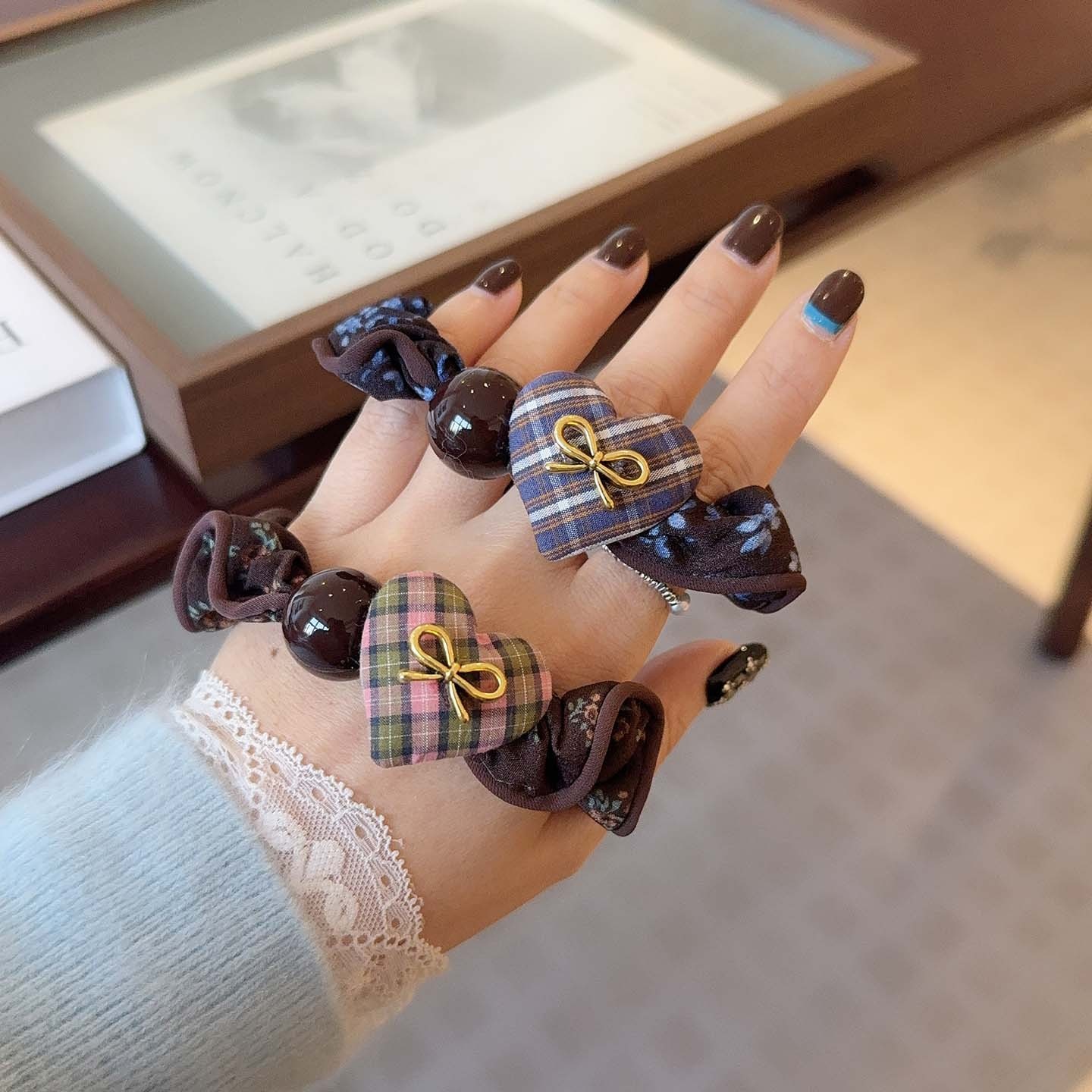 Women's Stylish Cloth Hair Tie Sweet Heart Floral Plaid Bow Knot