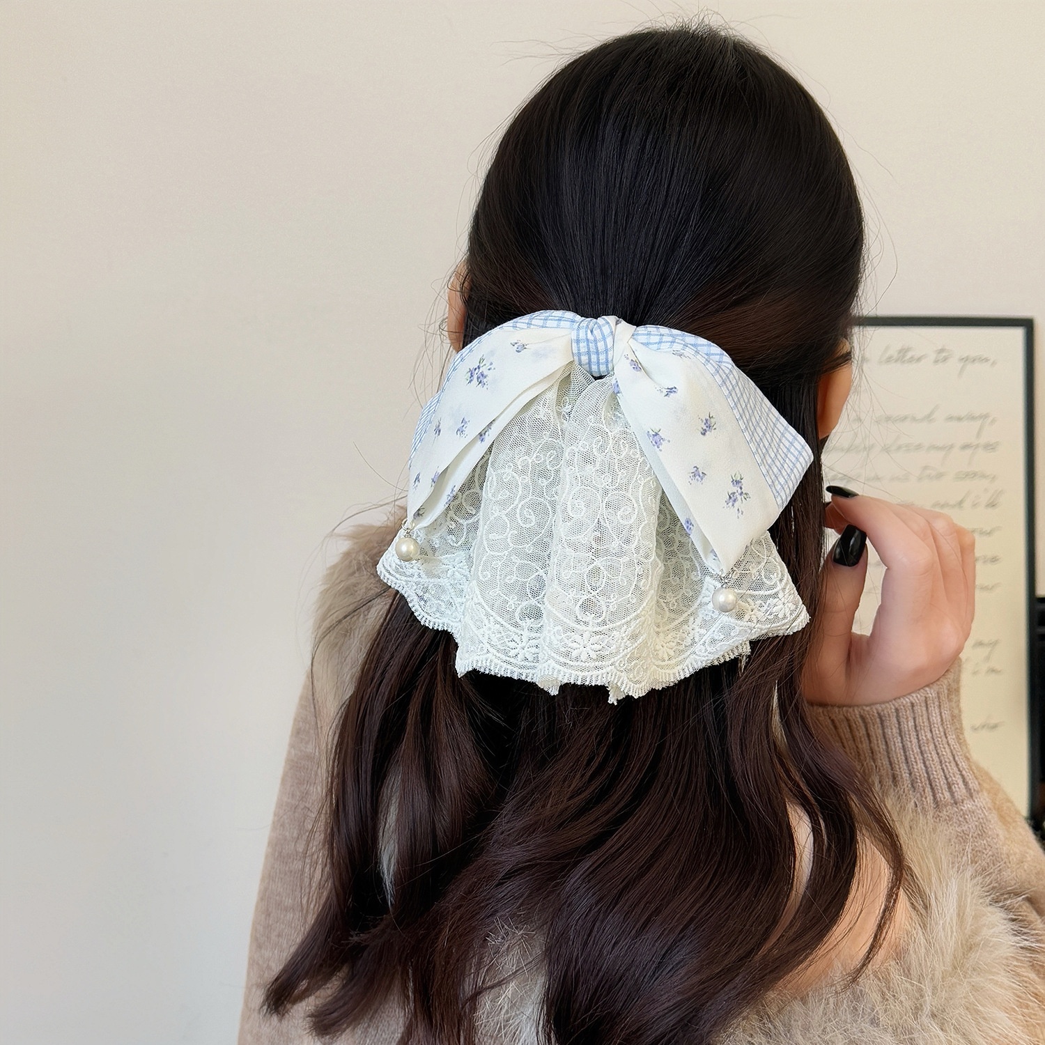 Women Spring Preppy Lace Fabric Hair Tie Scrunchie Blue Yellow Plaid