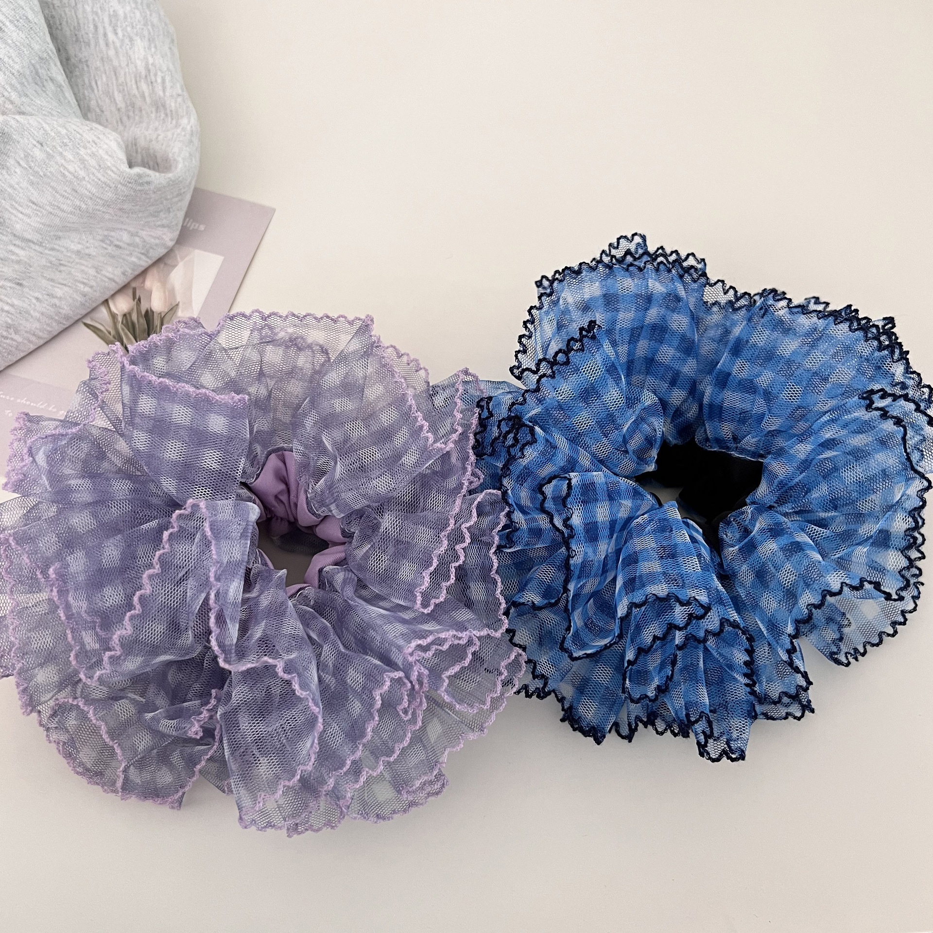 Women's Stylish Gauze Hair Accessories Scrunchies Blue Checkered Plaid