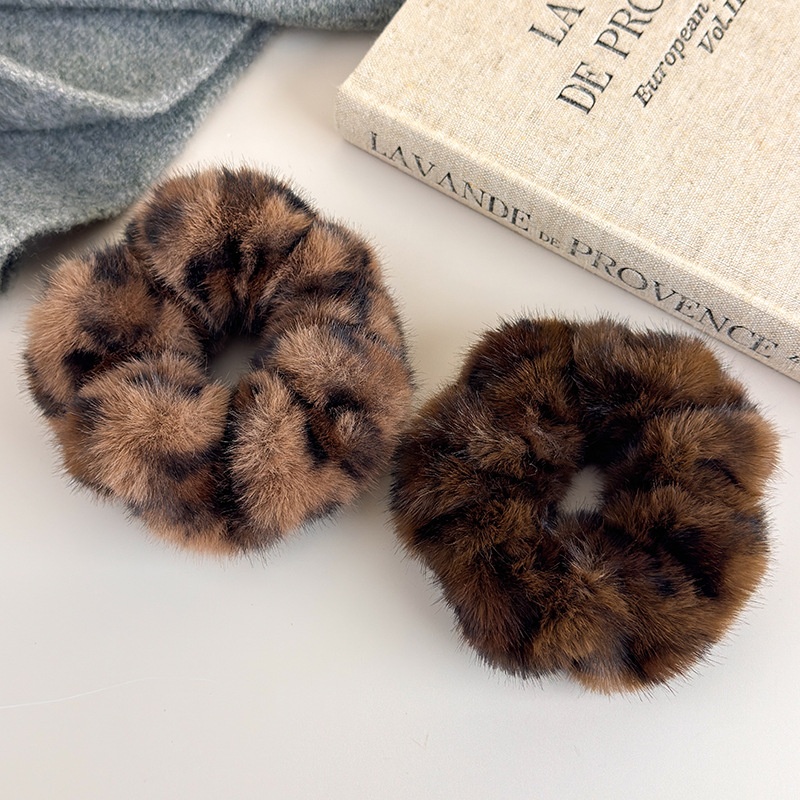 Women's Winter Flannel Large Ponytail Hair Scrunchie Leopard Print