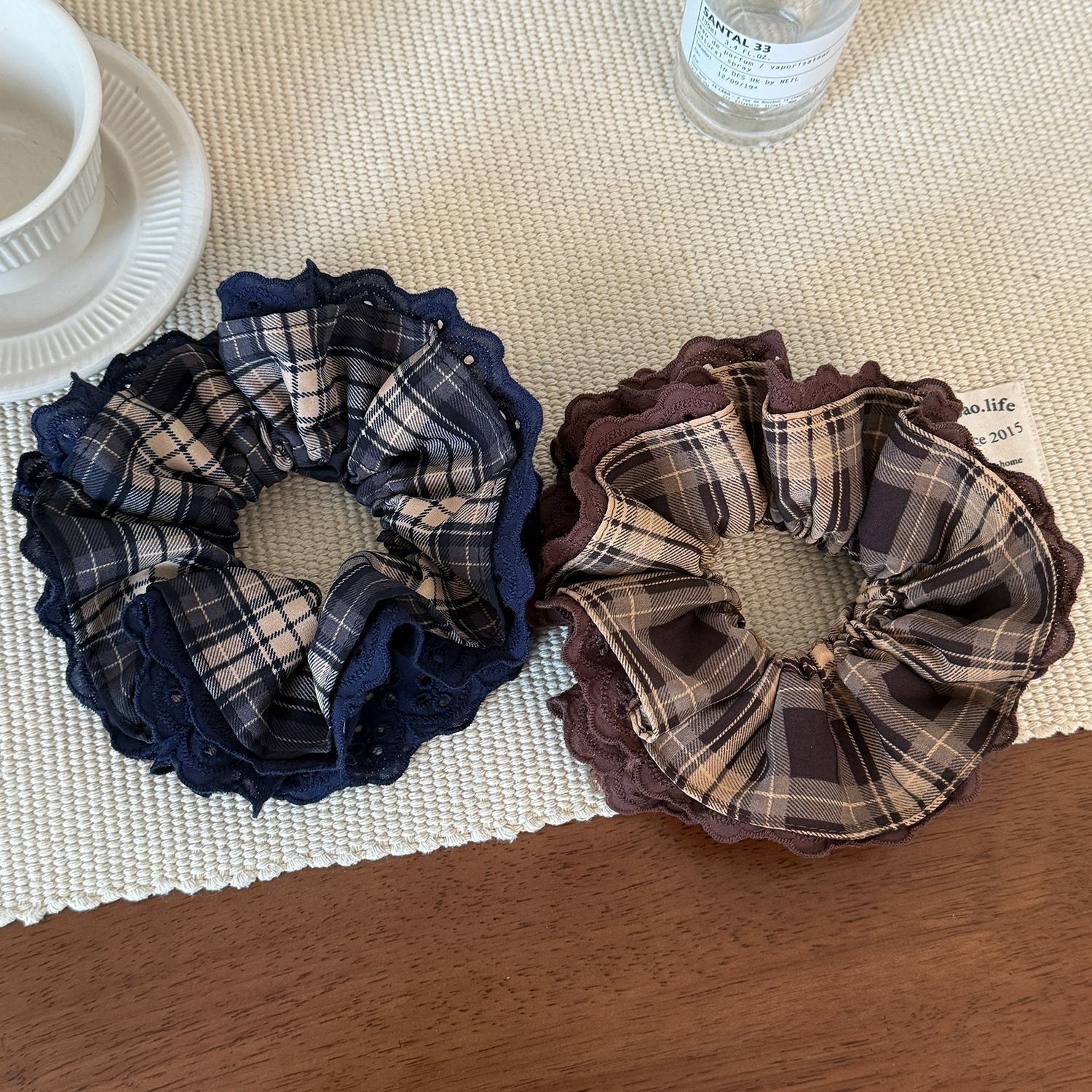 Women's Casual Cloth Lace Scrunchie Hair Tie Navy Blue Checkered