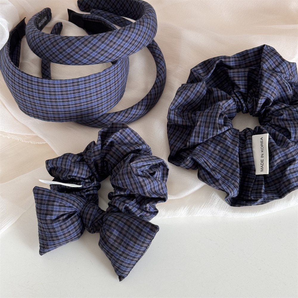 Women's Summer Cotton Bowknot Hair Accessories Navy Blue Plaid