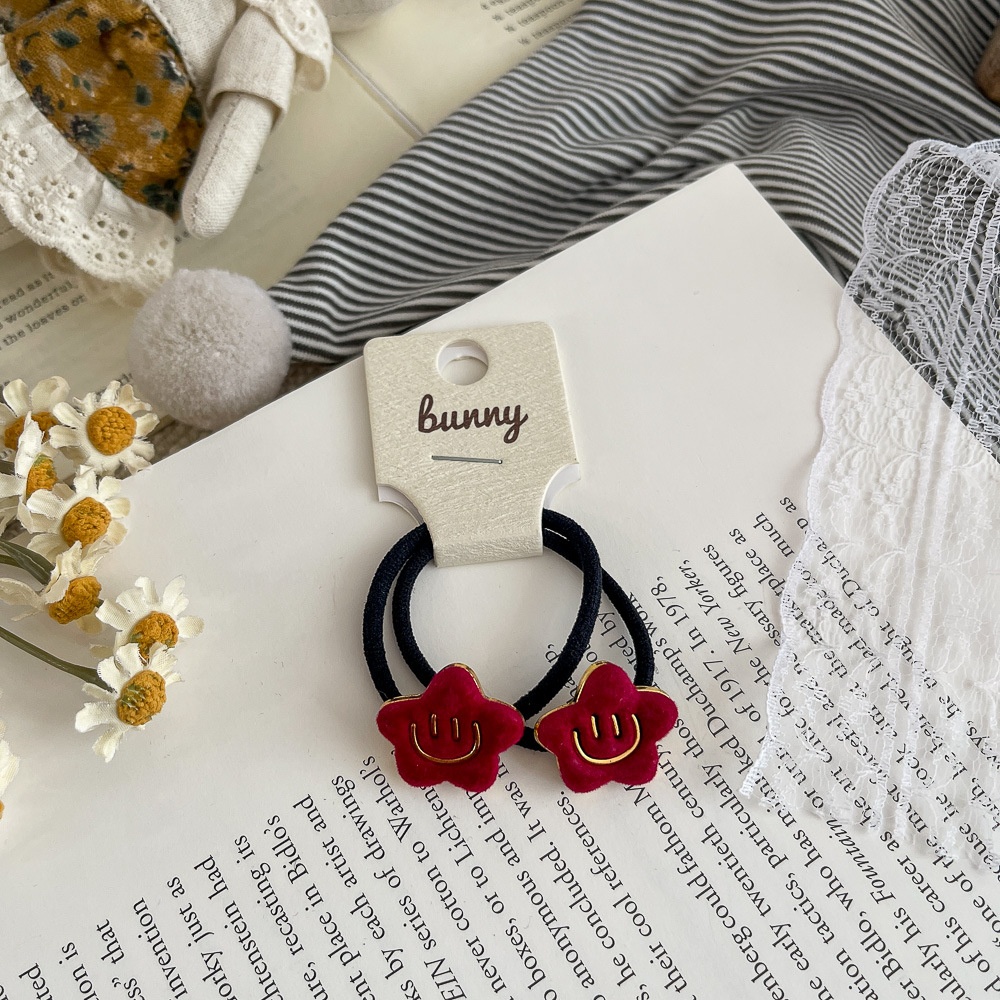 Girls Winter Flocked Elastic Hair Tie Star Smiley Face Black Yellow Blue