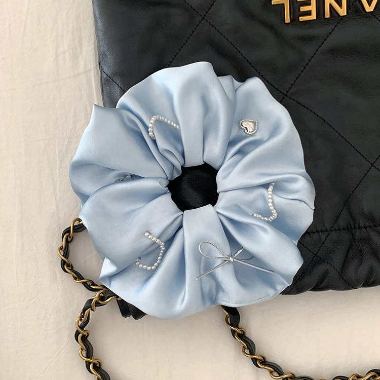 Women's Premium Satin Pearl Hair Tie Elegant Bun Band Blue Bow Knot