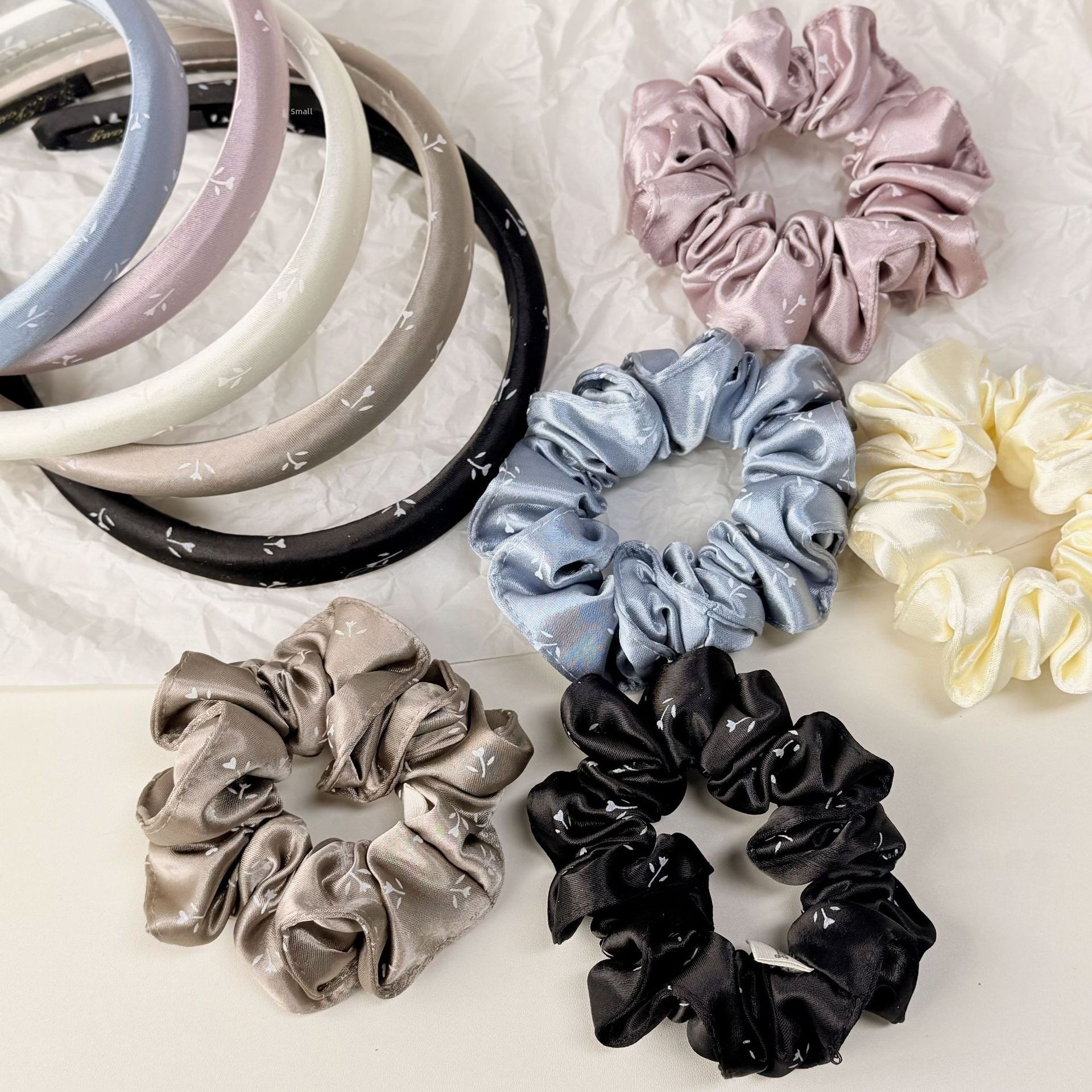 Women's Spring Summer Satin Scrunchie Hair Tie Beige Ditsy Floral
