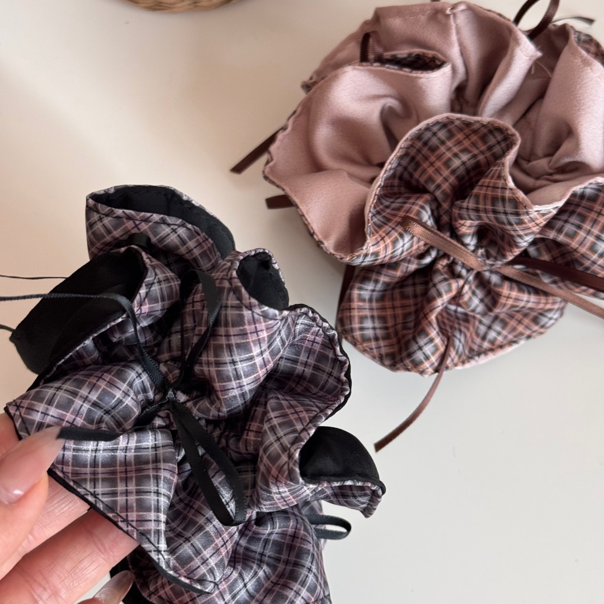 Women's Winter Cloth Bowknot Hair Tie Accessory Apricot Pink Plaid
