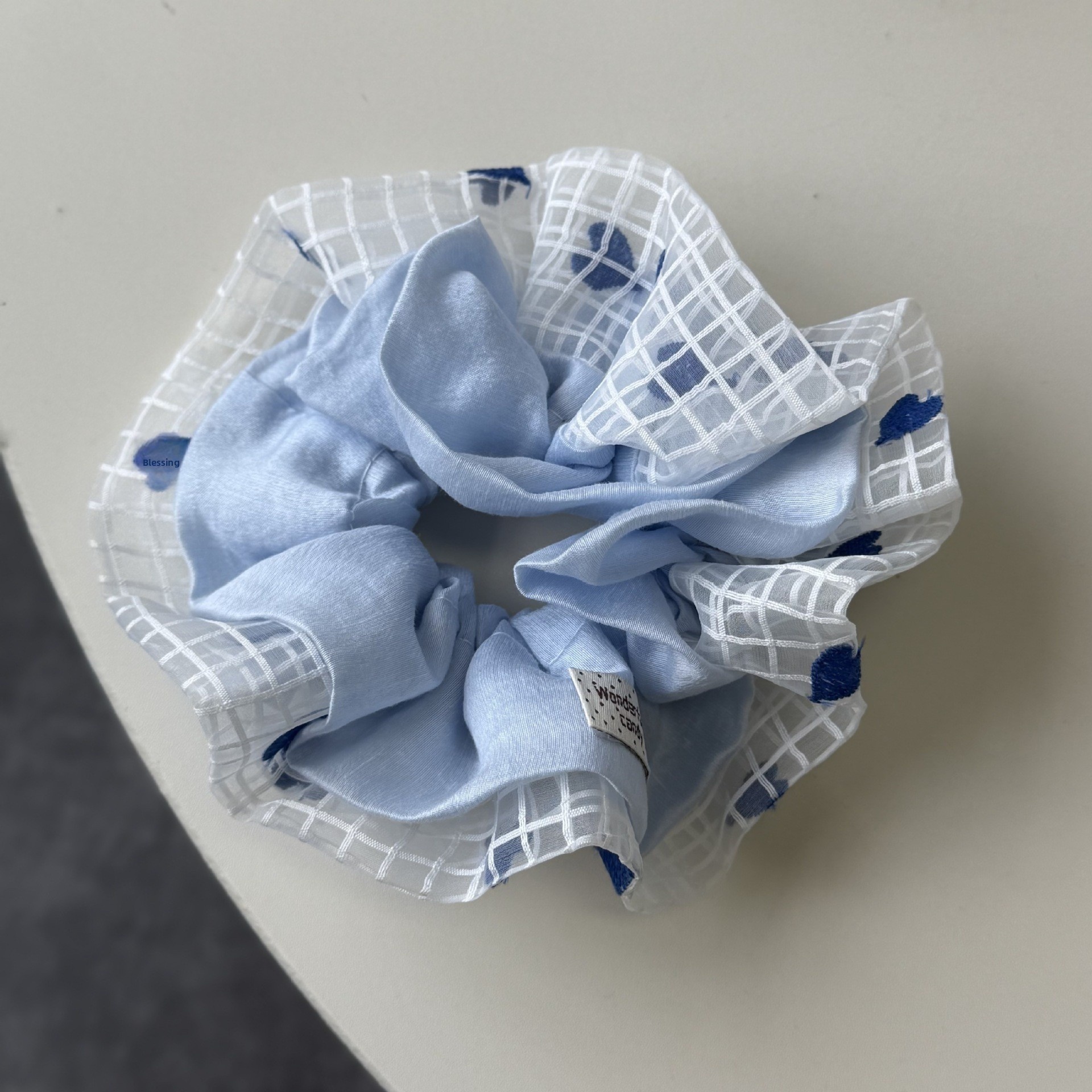Women's Oversized Blue Bow Pearl Hair Tie Heart Pattern Cloth Hairband
