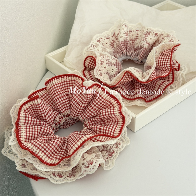 Women's Casual Cloth Hair Scrunchies Red White Plaid Patchwork