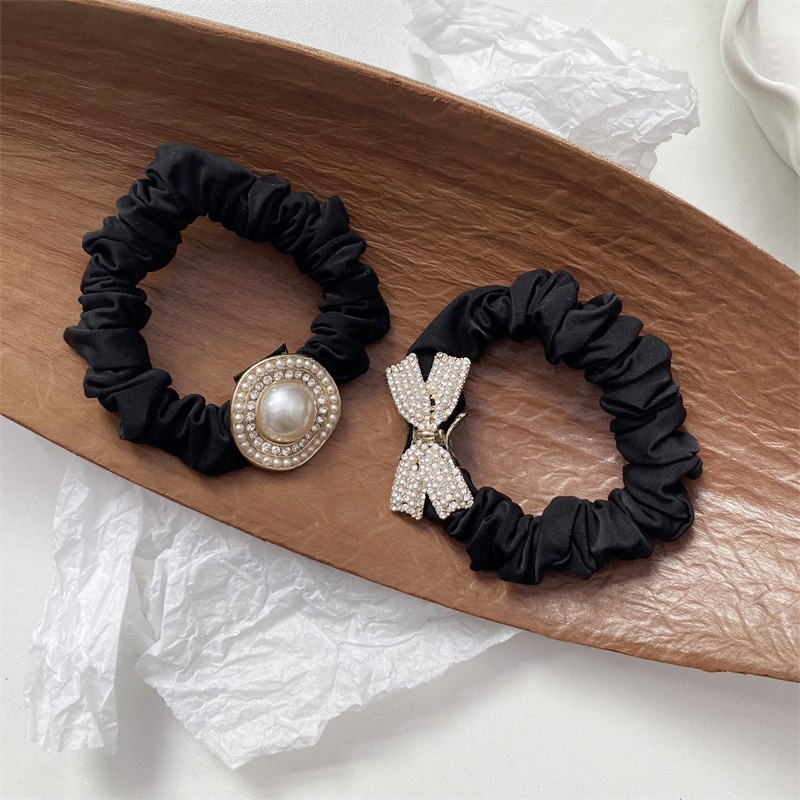 Women's Pearl Bowknot Diamond Alloy Elastic Hair Tie Black Solid Color